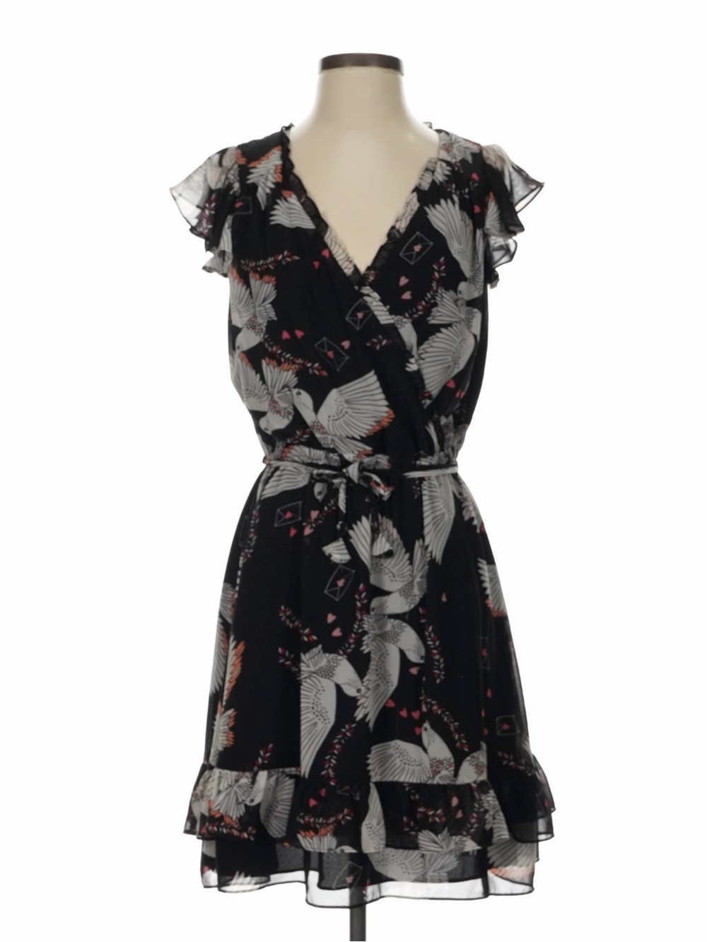 Rebecca Minkoff Flutter Sleeve V-Neck Short Dress with White Bird Print Size 0